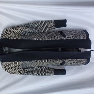 Ruby Moon Long Cardigan Sweater, black & cream, wool blend, Size Small